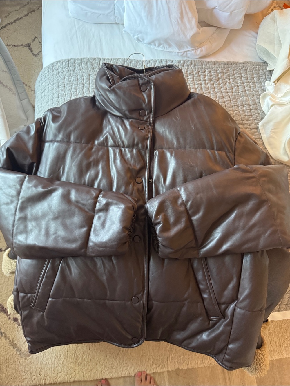 Zara Brown Quilted Faux-Leather Puffer Jacket